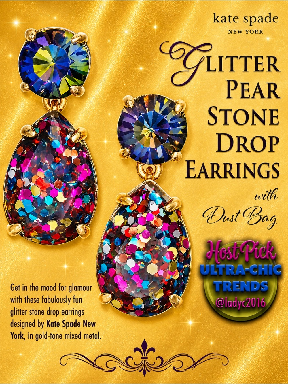 Glitter Pear Stone Drop Earringswith Dust Bag